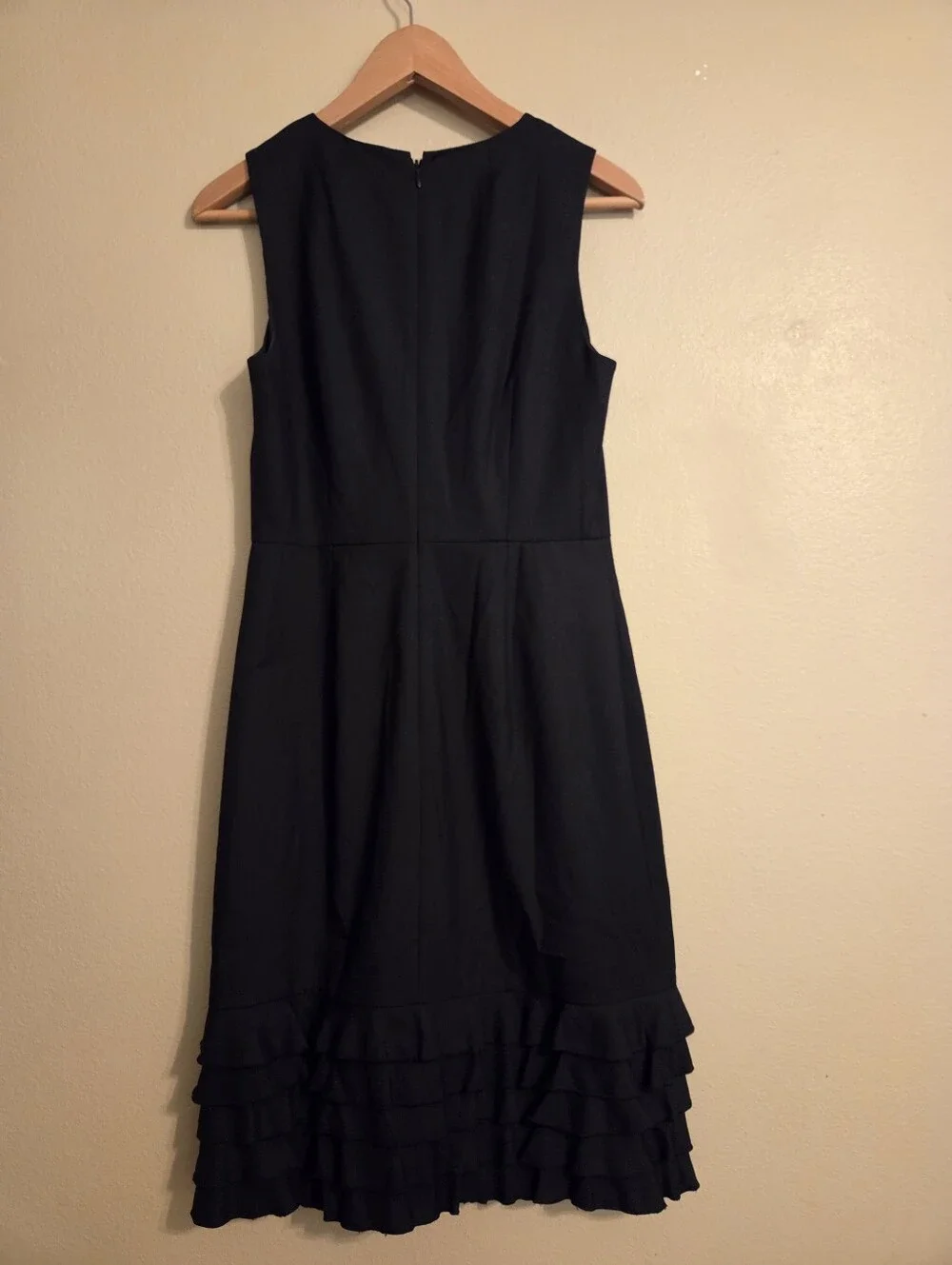 J.CREW Black 100% Wool Sleeveless Tiered Ruffle Cocktail LBD Sheath Midi Dress